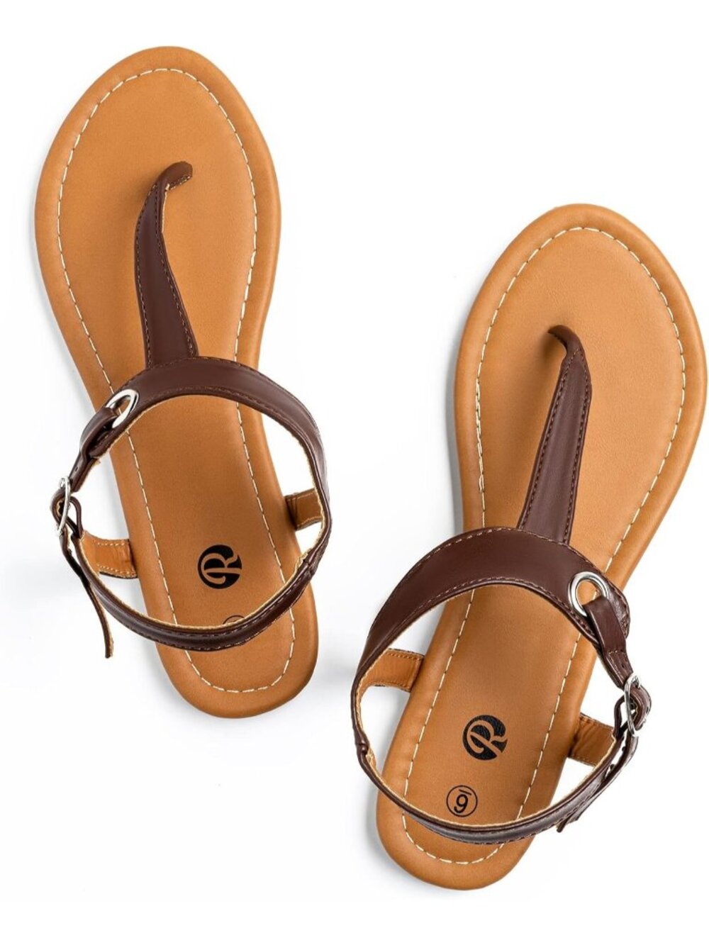 Women's Brown Leather Adjustable Ankle Buckle with T-Strap Flats Thong Sandals